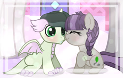 Size: 1280x810 | Tagged: safe, artist:crystalmoon101, artist:diamondloveda, imported from derpibooru, maud pie, rarity, oc, oc:emerald, oc:sylvia, dracony, earth pony, hybrid, pony, unicorn, base used, blushing, duo focus, eyes closed, female, filly, foal, interspecies offspring, nuzzling, offscreen character, offspring, parent:maud pie, parent:mud briar, parent:rarity, parent:spike, parents:maudbriar, parents:sparity