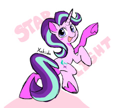 Size: 1204x1053 | Tagged: safe, artist:xekiida, imported from derpibooru, starlight glimmer, pony, unicorn, female, looking back, mare, open mouth, open smile, smiling, solo, underhoof