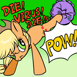 Size: 2067x2067 | Tagged: safe, artist:puzi, imported from derpibooru, applejack, earth pony, pony, coronavirus, covid-19, kicking, mouthpiece, solo, virus