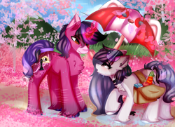 Size: 4620x3336 | Tagged: safe, artist:2pandita, imported from derpibooru, oc, oc only, earth pony, pony, unicorn, bag, female, magic, male, mare, rain, saddle bag, stallion, umbrella