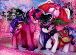 Size: 4620x3336 | Tagged: safe, alternate version, artist:2pandita, imported from derpibooru, oc, oc only, earth pony, pony, unicorn, bag, female, magic, male, mare, rain, saddle bag, stallion, umbrella