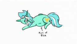 Size: 3600x2078 | Tagged: safe, artist:opalacorn, imported from derpibooru, lyra heartstrings, pony, unicorn, bloated, female, full of pilk, lying down, mare, meme, pilk, prone, simple background, solo, sploot, white background