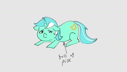 Size: 1684x964 | Tagged: safe, artist:another_pony, imported from derpibooru, lyra heartstrings, pony, unicorn, female, full of pilk, gray background, lying down, mare, meme, pilk, prone, simple background, solo