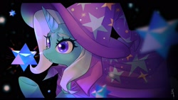 Size: 2048x1152 | Tagged: safe, artist:hosikawa, imported from derpibooru, trixie, pony, unicorn, cape, clothes, eyelashes, female, hat, horn, mare, solo, stars, trixie's cape, trixie's hat, underhoof