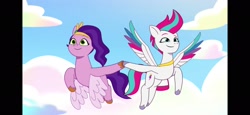 Size: 2340x1080 | Tagged: safe, imported from derpibooru, screencap, pipp petals, zipp storm, pegasus, pony, unicorn, spoiler:my little pony: tell your tale, spoiler:tyts01e03, black bars, duo, female, flying, g5, mare, my little pony: tell your tale, pillarboxing, royal sisters (g5), siblings, sisters, sisters take flight