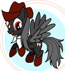 Size: 623x680 | Tagged: safe, artist:kyusa0159, imported from derpibooru, pegasus, pony, cowboy hat, female, flying, full body, hat, hooves, kurokoma saki, mare, open mouth, open smile, ponified, smiling, solo, spread wings, stetson, tail, touhou, wings