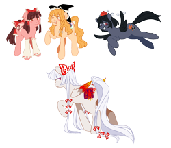 Size: 2208x1912 | Tagged: source needed, useless source url, safe, artist:kaenbyous, imported from derpibooru, earth pony, pegasus, pony, bow, crossover, female, fujiwara no mokou, hakurei reimu, hat, kirisame marisa, mare, ponified, shameimaru aya, simple background, touhou, transparent background