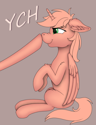 Size: 2193x2838 | Tagged: safe, artist:fess, imported from derpibooru, alicorn, pony, boop, commission, duo, ear fluff, floppy ears, folded wings, high res, hooves, horn, nose wrinkle, offscreen character, simple background, sitting, smiling, tail, wings, ych example, ych sketch, your character here