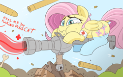 Size: 1859x1165 | Tagged: safe, artist:nignogs, imported from derpibooru, fluttershy, pegasus, pony, bone, bullet, clothes, crossover, crying, dialogue, female, fluttermedic, healer, mare, medic, medishy, socks, swearing, team fortress 2, tears of pain, thigh highs, vulgar