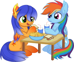 Size: 8094x6789 | Tagged: safe, artist:cyanlightning, imported from derpibooru, rainbow dash, oc, oc:solar aura, pegasus, pony, .svg available, absurd resolution, chips, commissioner:solar aura, duo, ear fluff, female, food, hoof hold, mare, sandwich, simple background, sitting, soda, transparent background, vector