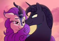 Size: 1264x879 | Tagged: safe, artist:imperiialfrost, imported from derpibooru, oc, oc only, oc:crescent, oc:edana, hybrid, kirin, female, offspring, parent:chancellor neighsay, parent:grogar, parent:princess luna, parents:canon x oc