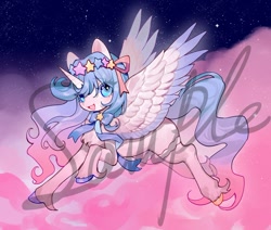 Size: 1000x847 | Tagged: safe, artist:puzi, imported from derpibooru, oc, oc only, alicorn, pony, commission, female, horn, looking at you, mare, open mouth, sample, solo, stars, watermark, wings