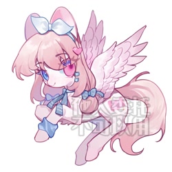 Size: 2000x2000 | Tagged: safe, artist:puzi, imported from derpibooru, oc, oc only, pegasus, pony, chest fluff, chinese, female, heart, looking at you, mare, ribbon, simple background, solo, watermark, white background, wings