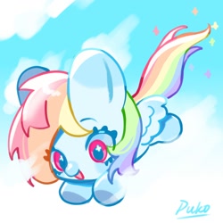 Size: 2000x2000 | Tagged: safe, artist:puzi, imported from derpibooru, rainbow dash, pegasus, pony, chibi, cloud, cute, dashabetes, female, mare, solo, wings