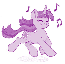 Size: 1280x1266 | Tagged: safe, artist:dstears, imported from derpibooru, twilight sparkle, pony, unicorn, cute, dancing, eyes closed, female, happy, mare, monochrome, music notes, simple background, smiling, twiabetes, unicorn twilight, walking, white background