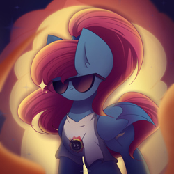 Size: 2600x2600 | Tagged: safe, artist:miryelis, imported from derpibooru, oc, oc only, oc:rainven wep, pegasus, pony, clothes, crossover, fire, glasses, looking at you, ponytail, serious sam, smiling, smiling at you, solo, sunglasses, wings