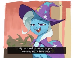 Size: 2433x1946 | Tagged: safe, artist:cadillac-dynamite, imported from derpibooru, trixie, pony, unicorn, blatant lies, brooch, cape, clothes, female, hat, jewelry, lidded eyes, mare, meme, memri tv, open mouth, open smile, ponified, ponified meme, smiling, smug, solo, subtitles, trixie's brooch, trixie's cape, trixie's hat