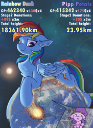 Size: 1600x2200 | Tagged: safe, artist:ravistdash, imported from derpibooru, pipp petals, rainbow dash, pegasus, pony, chest fluff, destruction, duo, ear fluff, earth, female, floppy ears, g5, giant rainbow dash, growth drive, headband, hoofprints, macro, mare, ocean, pipp is short, pony bigger than a planet, size difference, smiling, smirk, some mares just want to watch the world burn, text, water