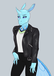 Size: 1663x2354 | Tagged: safe, artist:askbubblelee, imported from derpibooru, oc, oc only, oc:imago, anthro, changedling, changeling, alternate universe, anthro oc, changedling oc, changeling oc, clothes, digital art, female, grumpy, jacket, leather jacket, pants, simple background, solo, willowverse