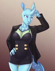 Size: 2550x3300 | Tagged: safe, artist:askbubblelee, imported from derpibooru, oc, oc only, oc:imago, anthro, changedling, changeling, alternate universe, anthro oc, changedling oc, changeling oc, clothes, digital art, dress, female, gradient background, solo, willowverse