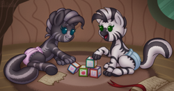 Size: 2000x1049 | Tagged: safe, artist:eltaile, imported from derpibooru, oc, oc:zedaka skunkpony, oc:zerura skunkpony, hybrid, pony, skunk, skunk pony, zebra, book, building blocks, colt, commission, cute, diaper, duo, equine, female, filly, foal, looking at each other, male, parents:canon x oc, paws, playing, raised tail, siblings, sitting, smiling, smiling at each other, tail, toy, twins, underhoof, zecora's hut