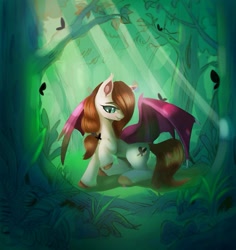 Size: 1209x1279 | Tagged: safe, imported from derpibooru, oc, oc only, bat pony, butterfly, pony, collaboration, crepuscular rays, female, forest, grass, looking at you, mare, smiling, solo, sunshine, tree