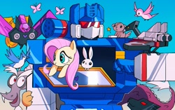 Size: 1789x1125 | Tagged: safe, artist:santaharabum, idw, imported from derpibooru, angel bunny, discord, fluttershy, bird, blue jay, butterfly, pony, rabbit, robot, squirrel, animal, blue background, crossover, friendship in disguise, laserbeak, machine, ratbat, ravage, simple background, sky, soundwave, transformers