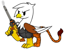 Size: 694x522 | Tagged: safe, artist:firehearttheinferno, derpibooru exclusive, imported from derpibooru, oc, oc only, oc:duke, big cat, bird, eagle, griffon, tiger, fallout equestria, armor, beak, chibi, claws, food, furrowed brow, gift art, gun, metal, minimalist, orange, scope, serious, serious face, simple background, smoke, solo, stripes, tales of fallout equestria, talons, transparent background, vault boy style, weapon, wings