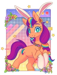 Size: 913x1199 | Tagged: safe, artist:wavecipher, imported from derpibooru, sunny starscout, earth pony, pony, bunny ears, easter, easter bunny, female, flower, flower in hair, g5, holiday, mare, multicolored mane, solo, white pupils