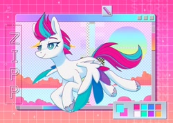 Size: 3508x2480 | Tagged: safe, artist:wavecipher, imported from derpibooru, zipp storm, pegasus, pony, female, flying, g5, mare, my little pony: tell your tale, solo, vaporwave, white pupils