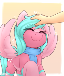 Size: 2000x2400 | Tagged: safe, artist:rivin177, imported from derpibooru, oc, human, pegasus, pony, clothes, hand, head pat, one ear down, pat, patting, pet, raised hoof, scarf, socks, spread wings, wings