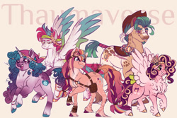Size: 1095x730 | Tagged: safe, artist:notsosmartsmarty, imported from derpibooru, hitch trailblazer, izzy moonbow, pipp petals, sunny starscout, zipp storm, earth pony, pegasus, pony, unicorn, spoiler:g5, g5, group, looking at each other, mane five (g5), quintet, redesign, simple background, smiling, smiling at each other, text, unshorn fetlocks