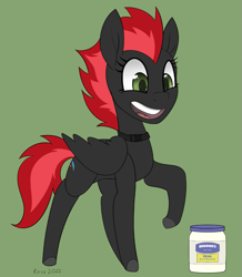 Size: 745x856 | Tagged: safe, artist:brainiac, artist:kota, imported from derpibooru, oc, oc only, oc:cinder blaze, pegasus, pony, collar, female, food, green background, mare, mayonnaise, sauce, simple background, solo, this will end in bing bong