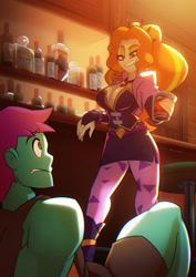 Size: 2000x2829 | Tagged: safe, artist:light262, imported from derpibooru, adagio dazzle, oc, oc:protein shake, comic:we will be adored, comic:we will be adored part 16, equestria girls, absolute cleavage, adagio gonna get ya, alcohol, bar, bottle, breasts, busty adagio dazzle, cleavage, clothes, collar, dazzling, dominant, drink, female, gem, hairpin, intimidating, looking at each other, looking at someone, male, siren gem, smiling, smirk, standing