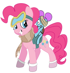 Size: 1149x1200 | Tagged: safe, artist:brainiac, imported from derpibooru, pinkie pie, earth pony, pony, bag, bandage, clothes, crossover, duo, dusk till dawn, fanart, female, friday night funkin', goggles, hair bun, link in description, mare, pibby, riding a pony, saddle bag, scared, scarf, simple background, smiling, socks, transparent background