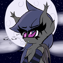 Size: 2000x2000 | Tagged: safe, artist:ponersarecute, imported from derpibooru, oc, oc only, oc:night skies, bat pony, pony, bat pony oc, bust, chest fluff, cigarette, clothes, cloud, cute, ear fluff, moon, night, night sky, silly face, sky, smoking, socks, solo, stars, striped socks, tooth