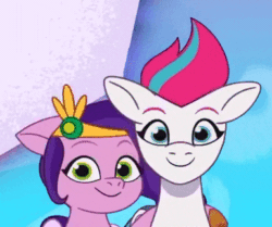 Size: 385x322 | Tagged: safe, edit, edited screencap, imported from derpibooru, screencap, pipp petals, zipp storm, pegasus, pony, spoiler:g5, spoiler:my little pony: tell your tale, animated, bouncing, credits, cropped, duo, duo female, ear flick, female, front view, g5, gif, headbob, hoof around neck, looking at you, mare, my little pony: tell your tale, royal sisters (g5), siblings, side hug, sisters, smiling, smiling at you