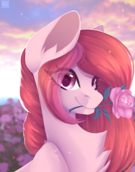 Size: 1700x2160 | Tagged: safe, artist:elektra-gertly, imported from derpibooru, oc, oc only, pony, bust, flower, mouth hold, rose, solo