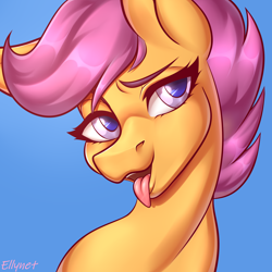 Size: 2000x2000 | Tagged: safe, artist:ellynet, imported from derpibooru, scootaloo, pegasus, pony, bust, portrait, solo, tongue out