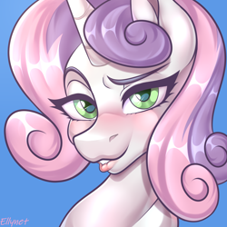 Size: 2000x2000 | Tagged: safe, artist:ellynet, imported from derpibooru, sweetie belle, pony, unicorn, blue background, bust, dreamworks face, grin, high res, looking at you, portrait, signature, simple background, smiling, smiling at you, solo