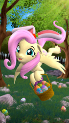 Size: 2160x3840 | Tagged: safe, artist:owlpirate, imported from derpibooru, fluttershy, pegasus, pony, 3d, 4k, basket, bunny ears, cute, easter basket, easter egg, female, floppy ears, flying, high res, looking at you, mare, shyabetes, solo, source filmmaker, sunlight