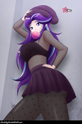 Size: 527x800 | Tagged: safe, alternate version, artist:clouddg, imported from derpibooru, starlight glimmer, human, bubblegum, clothes, female, food, gum, human coloration, humanized, looking at you, multiple variants, pantyhose, solo