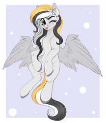 Size: 1548x1790 | Tagged: safe, artist:vetta, imported from derpibooru, oc, oc only, oc:storm cloud river's, pegasus, pony, :p, female, flower, flower in hair, freckles, mare, one eye closed, simple background, solo, tongue out, wink