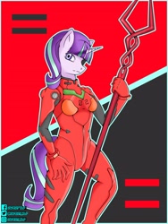 Size: 2096x2794 | Tagged: safe, artist:papery xlp, imported from derpibooru, starlight glimmer, anthro, unicorn, clothes, cosplay, costume, eyepatch, lance of longinus, neon genesis evangelion, plugsuit, solo, souryuu asuka langley