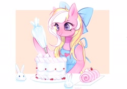 Size: 2048x1431 | Tagged: source needed, safe, artist:tenshi, imported from derpibooru, oc, oc:bay breeze, pony, rabbit, animal, apron, cake, clothes, cooking, female, food, heart eyes, mare, simple background, solo, wingding eyes