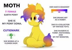 Size: 2064x1457 | Tagged: safe, artist:mochi_nation, imported from derpibooru, oc, oc only, oc:moth, earth pony, pony, female, gradient mane, mare, reference sheet, simple background, sitting, solo, white background