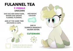 Size: 2064x1457 | Tagged: safe, artist:mochi_nation, imported from derpibooru, oc, oc:flannel tea, pony, unicorn, blaze (coat marking), coat markings, engrish, facial markings, female, mare, reference sheet, simple background, sitting, solo, white background