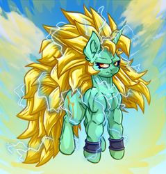 Size: 3827x4000 | Tagged: safe, artist:witchtaunter, imported from derpibooru, lyra heartstrings, pony, unicorn, angry, bracelet, commission, commissioner:reversalmushroom, crossover, dragon ball, dragon ball z, ear fluff, electricity, female, flying, frown, funny, furrowed brow, jewelry, l.u.l.s., muscles, muscular female, sky, solo, super saiyan, super saiyan 3