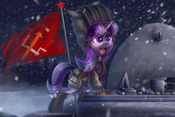 Size: 2457x1642 | Tagged: safe, artist:atlas-66, imported from derpibooru, starlight glimmer, pony, unicorn, anime, clothes, collaboration, collaboration:choose your starlight, crossover, cute, cute little fangs, fangs, female, flag pole, girls und panzer, glimmerbetes, hammer and sickle, hat, mare, military, military uniform, purple eyes, russia, russian hat, s5 starlight, solo, soviet union, stalin glimmer, t-34, t-34-85, tank (vehicle), uniform, ushanka, wrong eye color