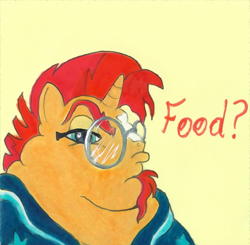 Size: 884x868 | Tagged: safe, artist:white-eyed vireo, derpibooru exclusive, imported from derpibooru, sunburst, pony, unicorn, bhm, chubby cheeks, dialogue, double chin, fat, fat face, fetish, glasses, male, meme, morbidly obese, neck roll, obese, question, raised eyebrow, sunblob, traditional art, triple chin